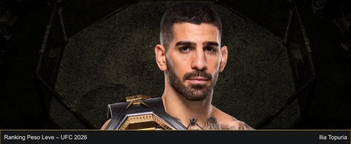 Ilia Topuria ostenta o cinturão peso leve do UFC. Foto - Ranking de 2026