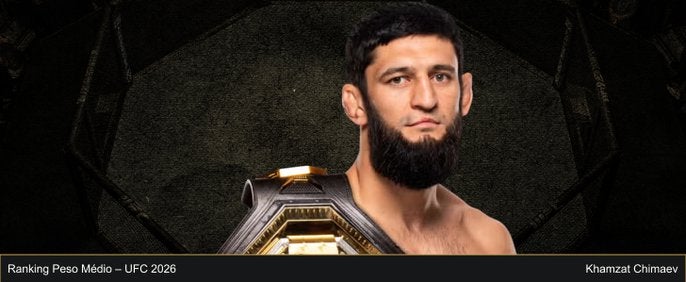 Khamzat Chimaev ostenta o cinturão peso meio-pesado do UFC. Foto - Ranking de 2026